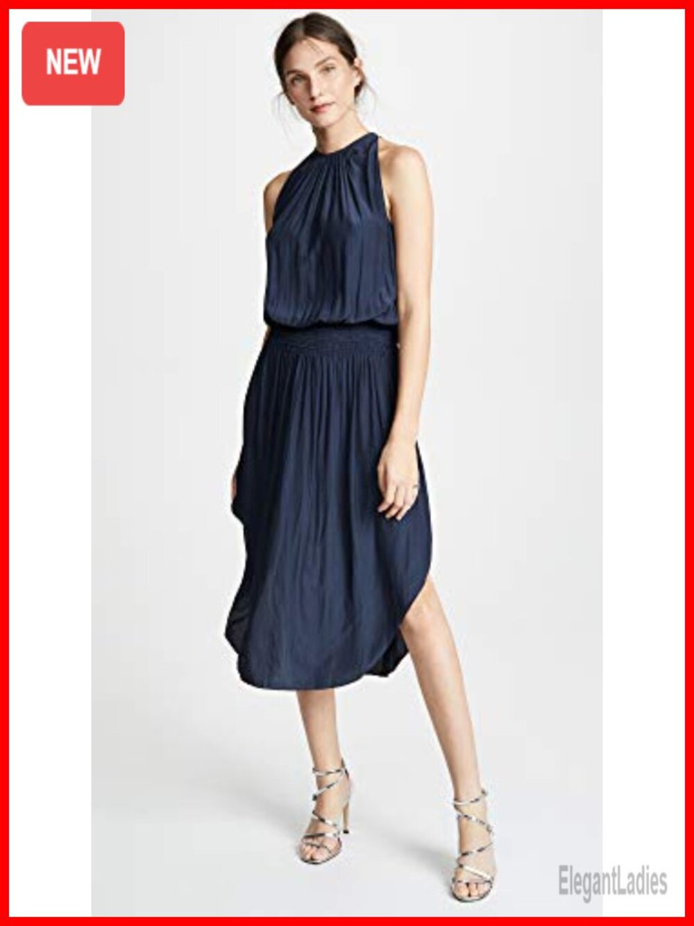 High Neck Midi Dress with Smocked Waist, Relaxed Fit, Sleeveless Casual Dress - Picture 4 of 5